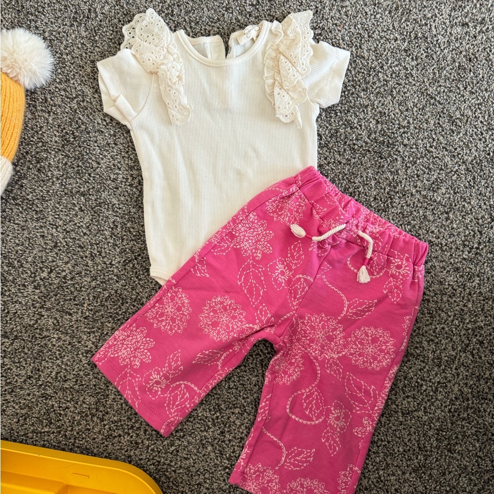 White Lace Top and Pink Floral Pants Set